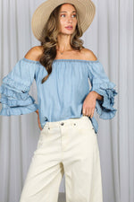 Off The Shoulder 4Tiers Ruffle Sleeve Chambray Top