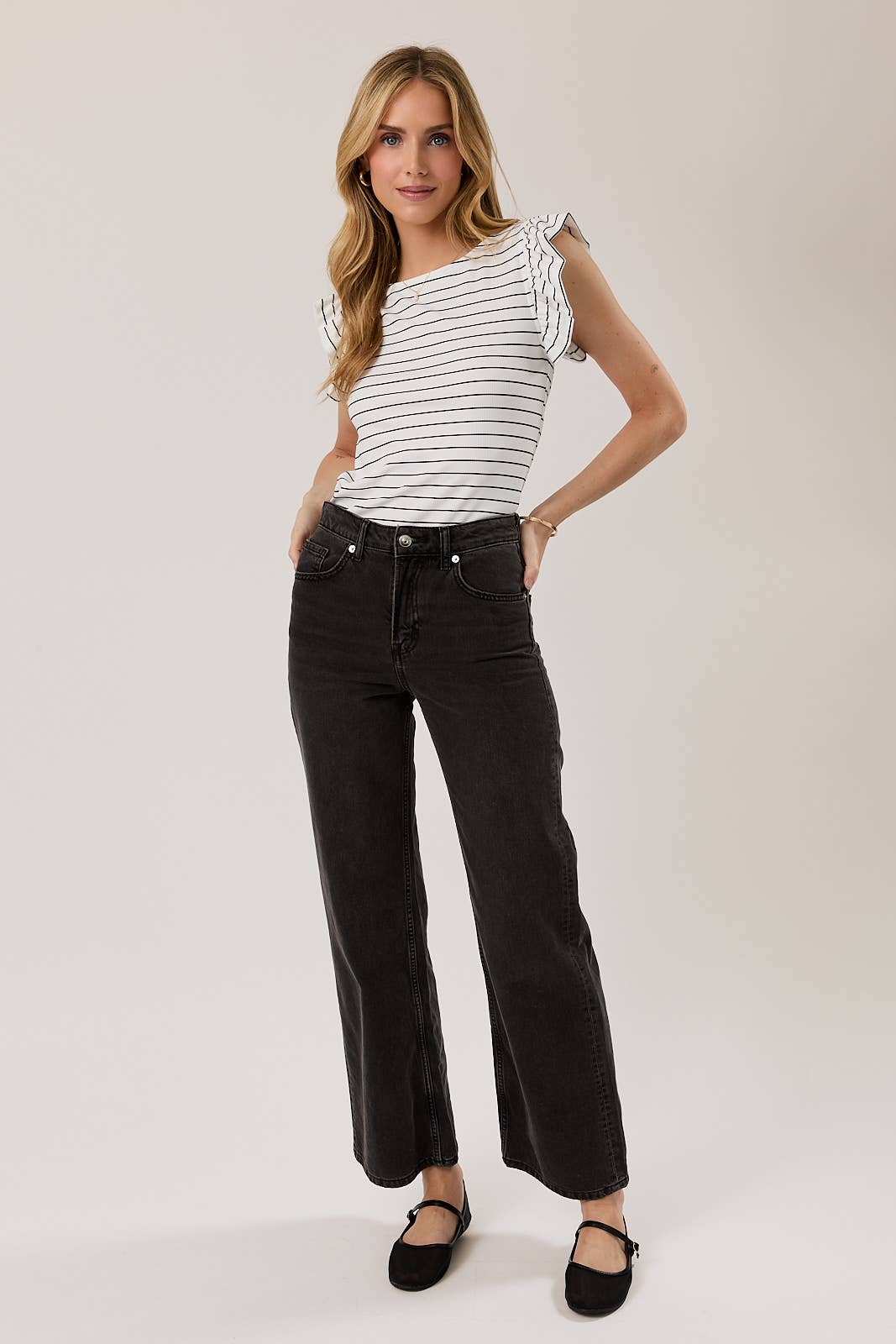 Boat Neck Ruffle Cap Sleeve Top - White/Black