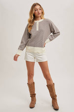 STRIPED CONTRAST HALF BUTTON KNIT TOP