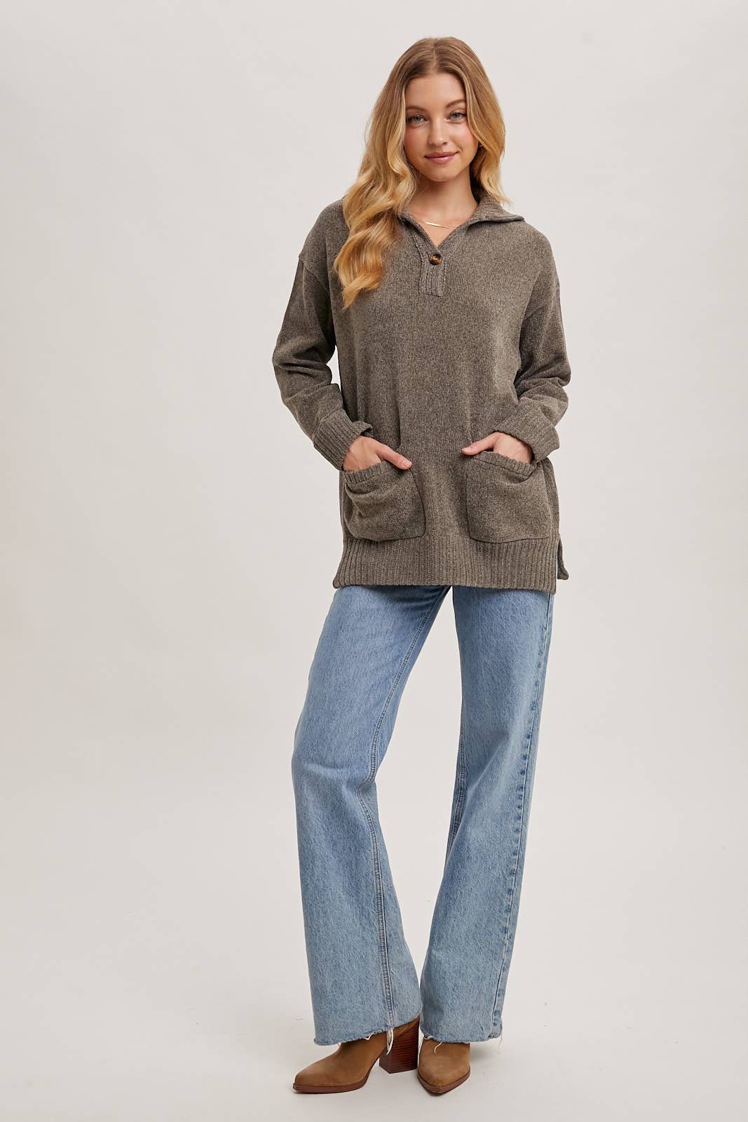 ONE BUTTON FRONT FLAP COLLAR RIBBED KNIT SWEATER PULLOVER