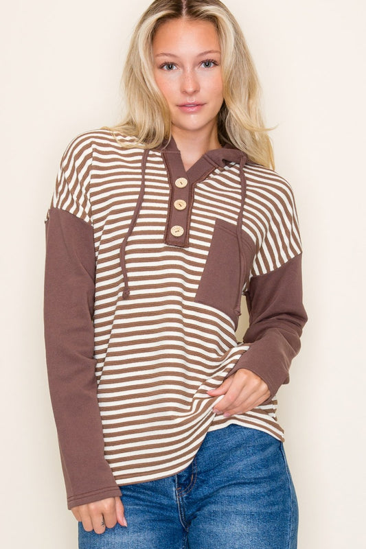 Brown Block Striped Hoodie Top