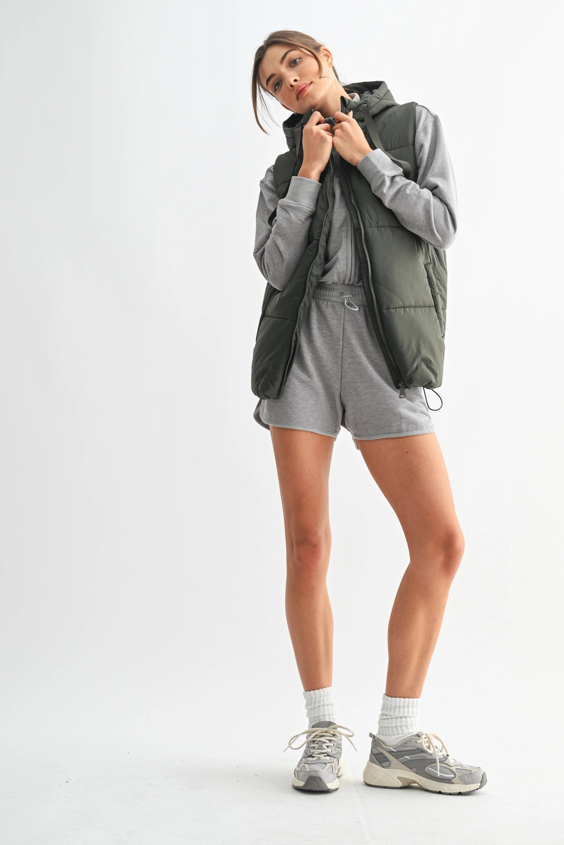 Longline High Neck Padded Vest - Olive