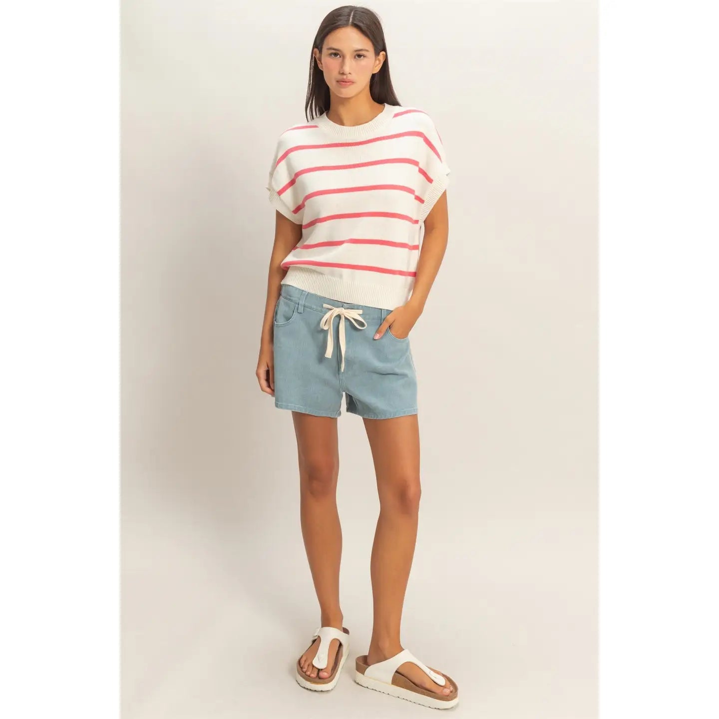 Striped Crew Neck Knit Top - Pink
