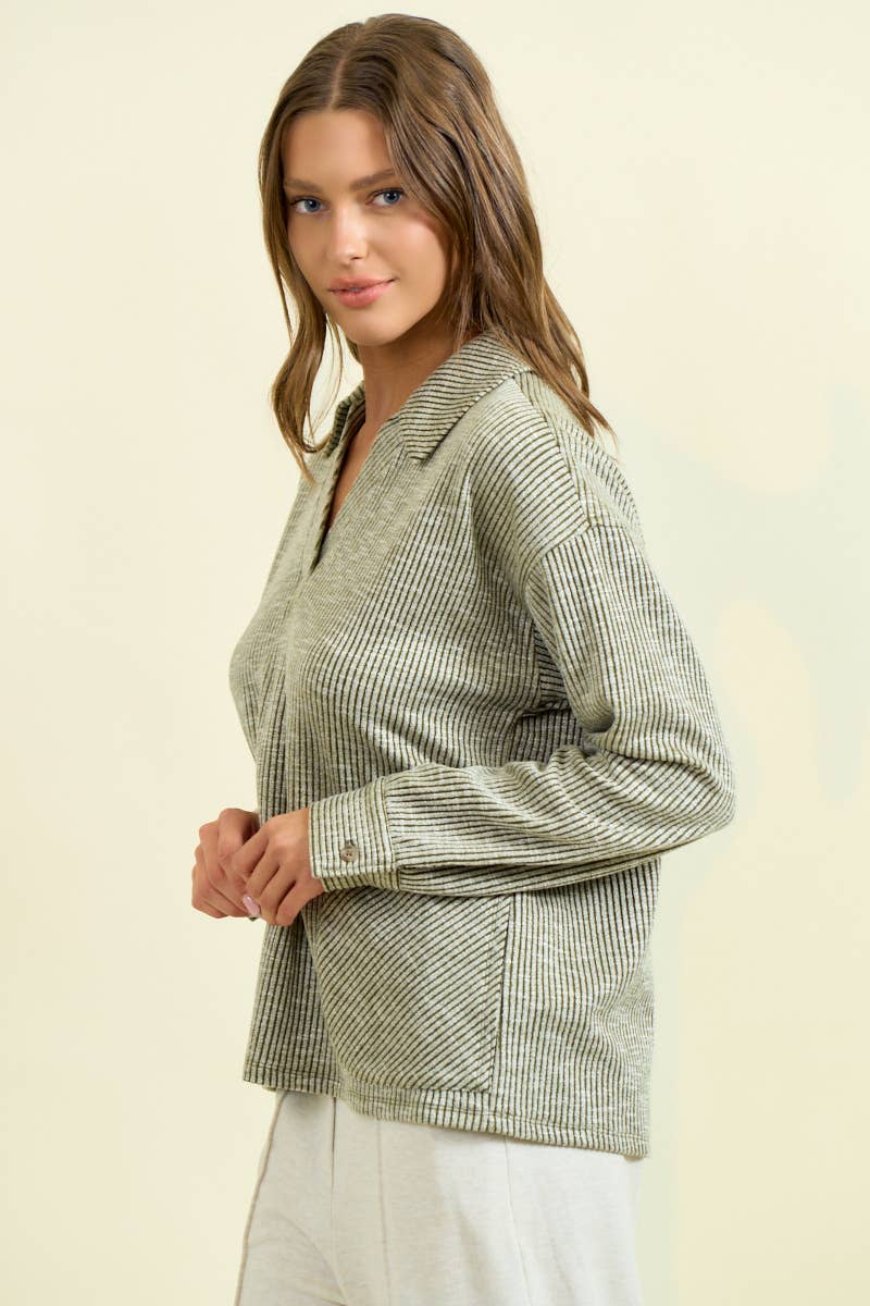 Two-Tone Ribbed Pullover W/ Round Pocket