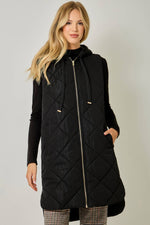 Quilted Puffer Long Hoodie Vest: Black