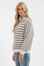 Stripe and Checkered Crewneck Knit Sweater: Olive