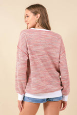 Waffle Knit Drop Shoulder Long Sleeve - Red