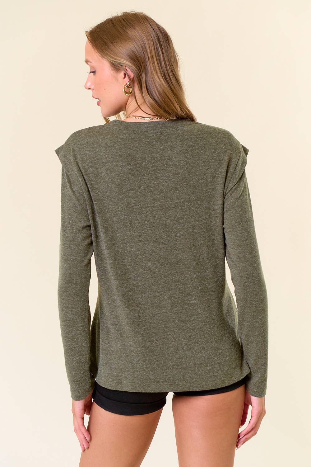 Soft Knit Banded Long Sleeve Top - OLIVE