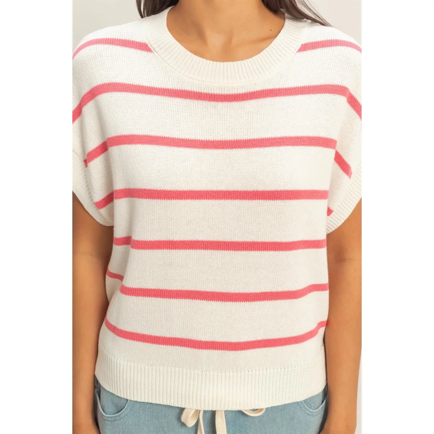 Striped Crew Neck Knit Top - Pink