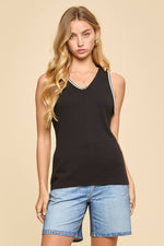 Embroidered Stitching Detail Sleeveless Top - Black