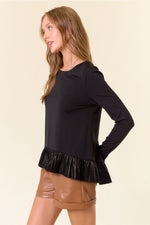 Faux Leather Ruffle Babydoll Long Sleeve