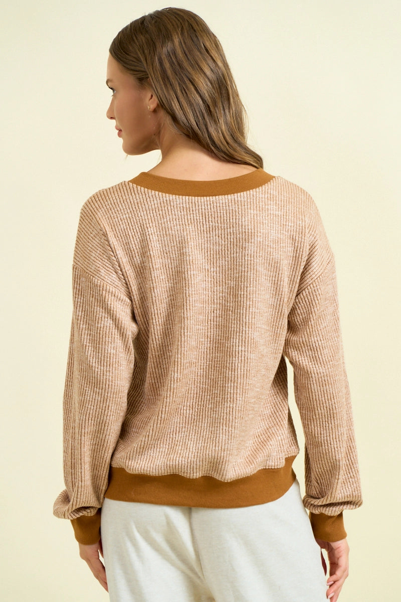 Oversized Vertical Stripe Two-Tone Ribbed Top - Camel