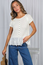 Eyelet Lace Ruffle Hem Crochet Sweater - Cream