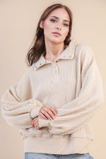 Oversized Half Button Down Waffle Knit Top - Cream