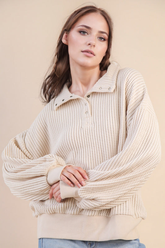 Oversized Half Button Down Waffle Knit Top - Cream