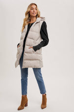 HOODED ZIPPER DOWN LONGLINE PUFFER VEST: Beige