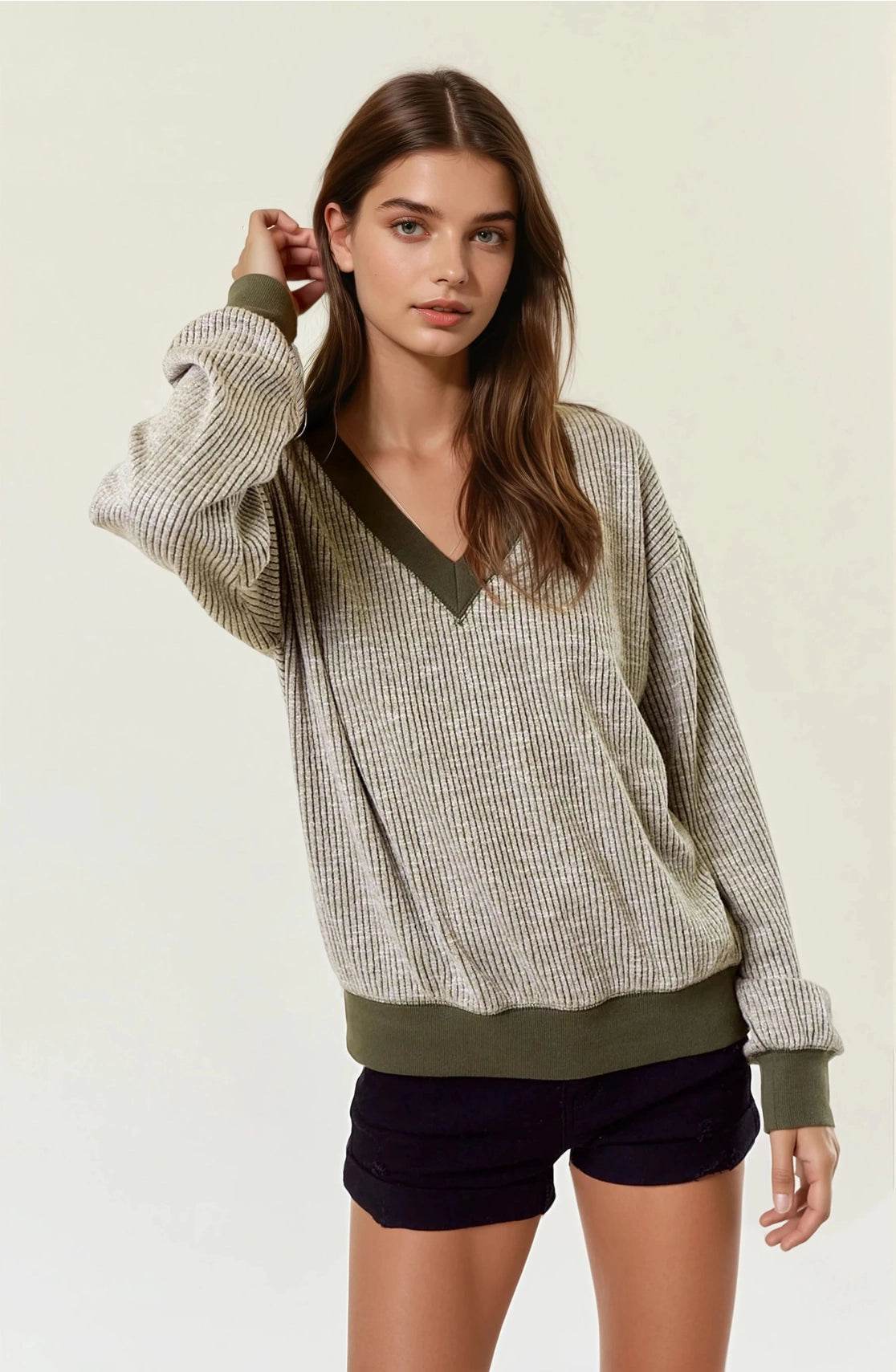 Oversized Vertical Stripe Two-Tone Ribbed Top - Olive
