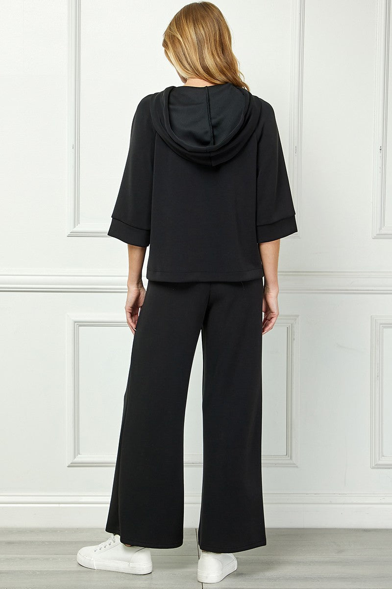Soft Hooded Top With Satin Tie Detail - Black