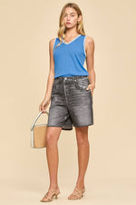 Embroidered Stitching Detail Sleeveless Top - Ocean Blue