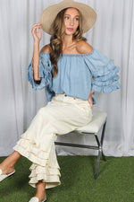 Off The Shoulder 4Tiers Ruffle Sleeve Chambray Top