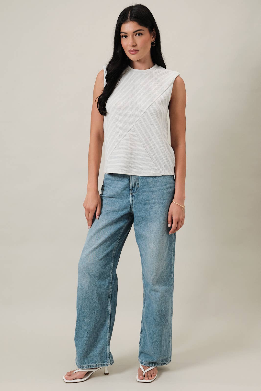 Sleeveless Diagonal Panel Stripe Top - Light Grey/Cream