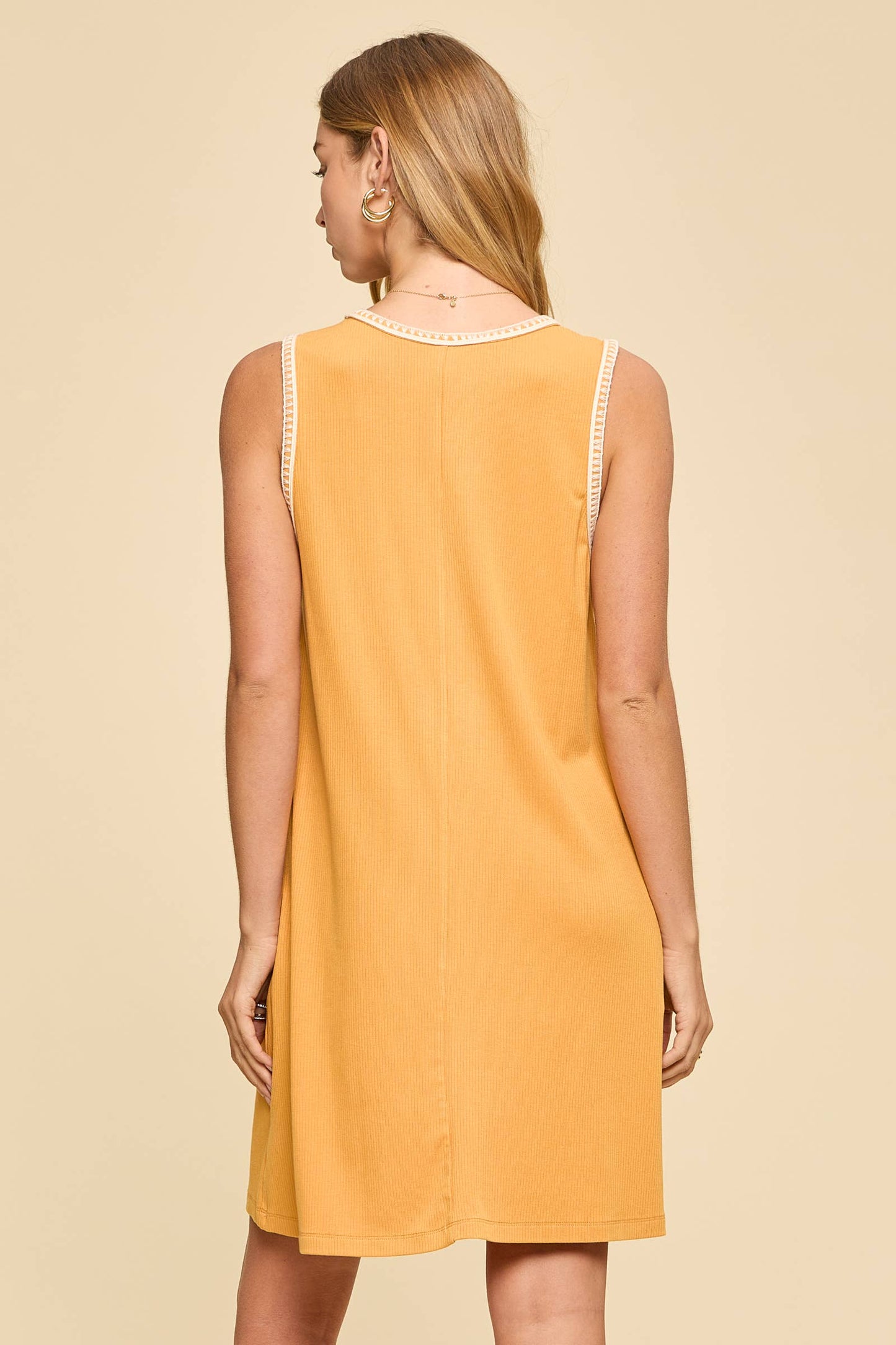 Sleeveless Ribbed Dress w/ Embroidered Stitching - Marigold