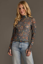 Gray, Orange & Blue Floral Mesh Top