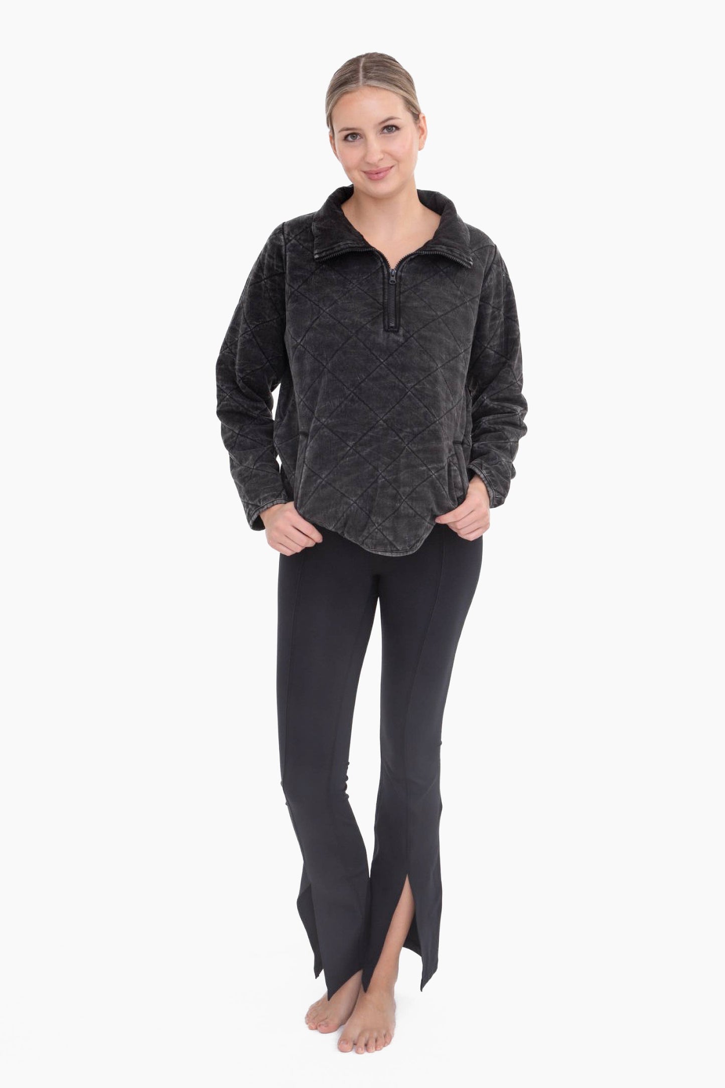 Quilted Mineral-Wash Half-Zip Pullover: BLACK