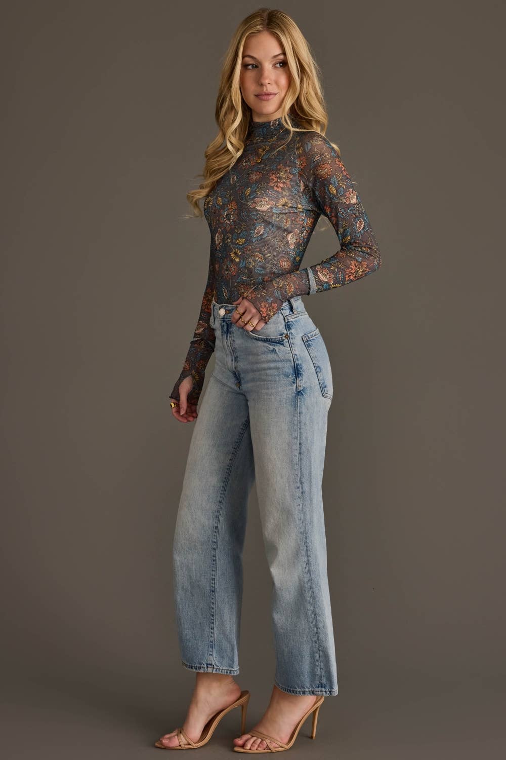 Gray, Orange & Blue Floral Mesh Top