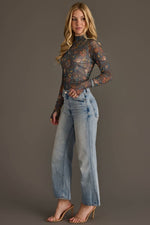Gray, Orange & Blue Floral Mesh Top