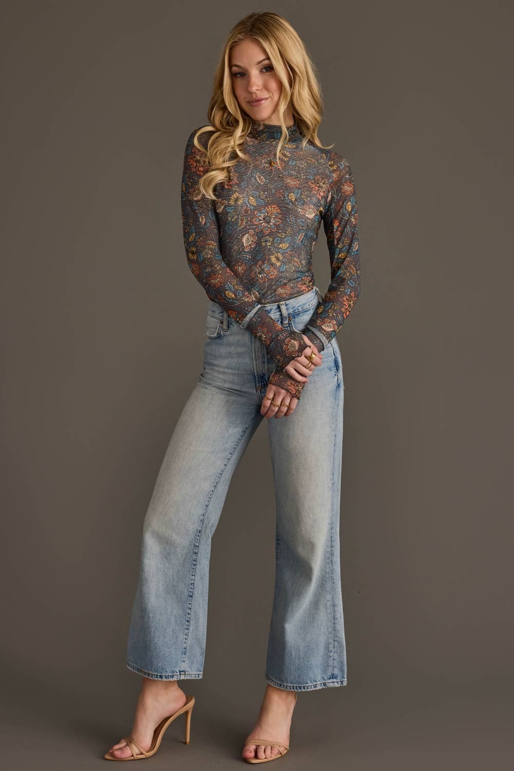 Gray, Orange & Blue Floral Mesh Top