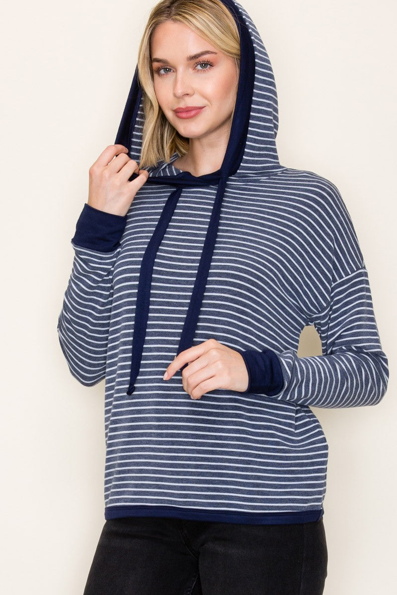 Striped French Terry Hoodie Top - Navy
