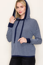 Striped French Terry Hoodie Top - Navy