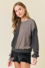 Long Sleeve Drawstring Back Stripe Mixed Top