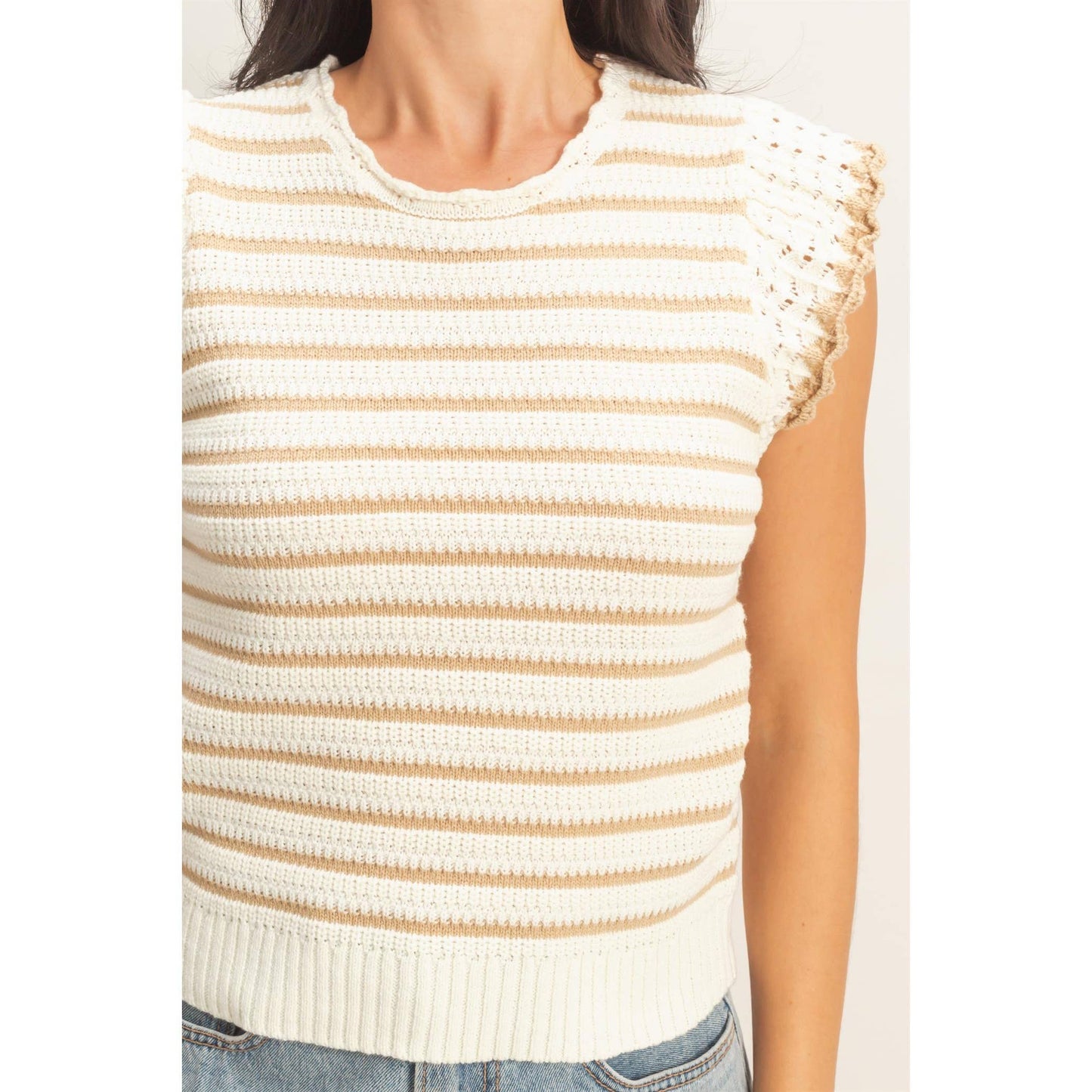 Scalloped Striped Ruffle Sleeve Top - Taupe