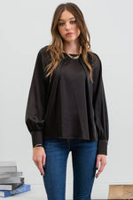 Long Buttoned Bishop Sleeve Top: Black