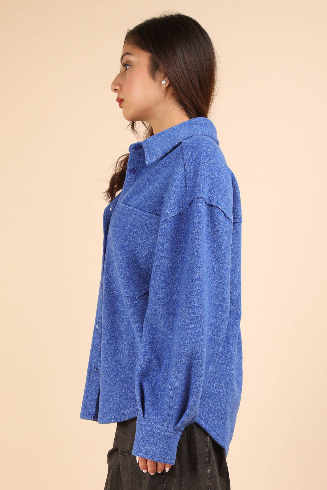 Oversized Cozy Button Down Shacket - Blue