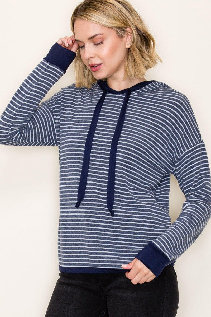 Striped French Terry Hoodie Top - Navy
