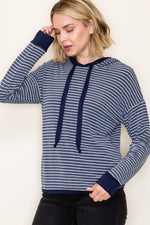 Striped French Terry Hoodie Top - Navy