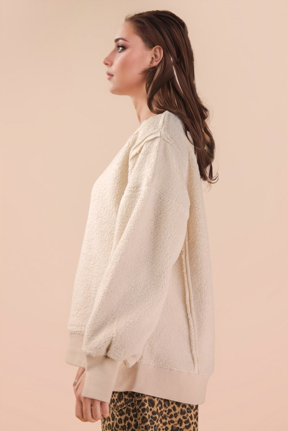 Oversized Casual Solid Fleece Top - Cream