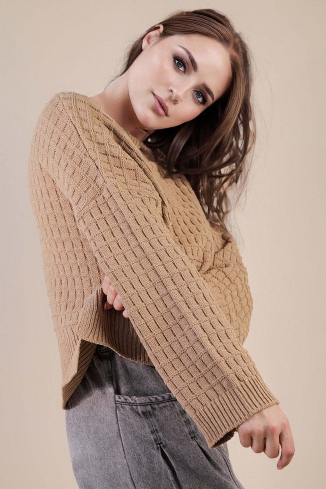 Oversized Textured Knit Sweater - Mocha