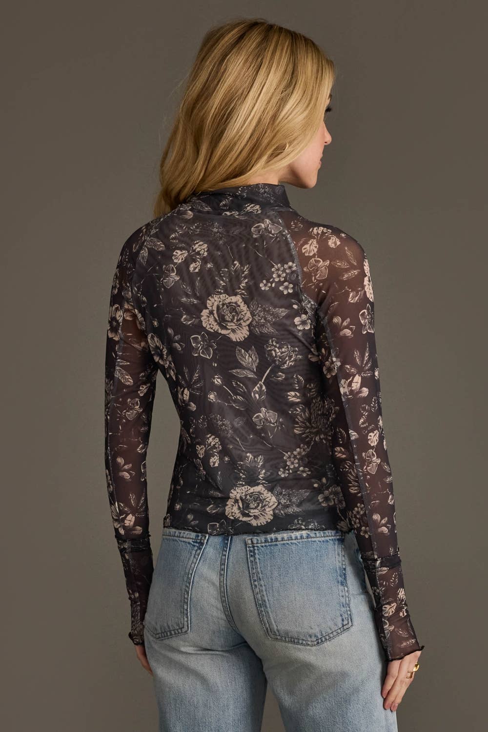 Gray & Cream Floral Mesh Top
