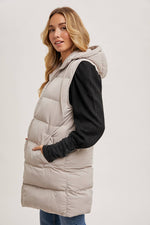 HOODED ZIPPER DOWN LONGLINE PUFFER VEST: Beige