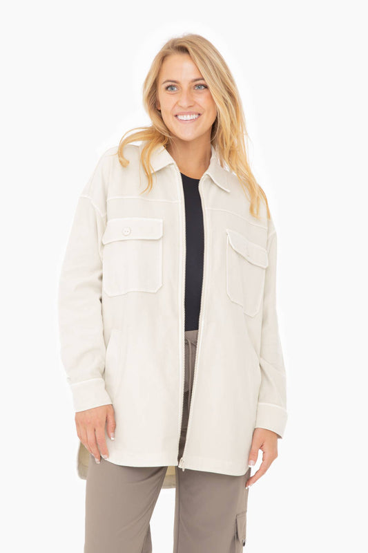Oversized Cotton Blend Shacket - Natural