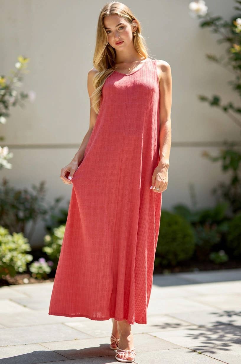Textured V-Neck Maxi Dress - Coral