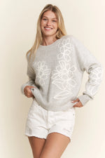Floral Embroidered Knit Sweater - Grey