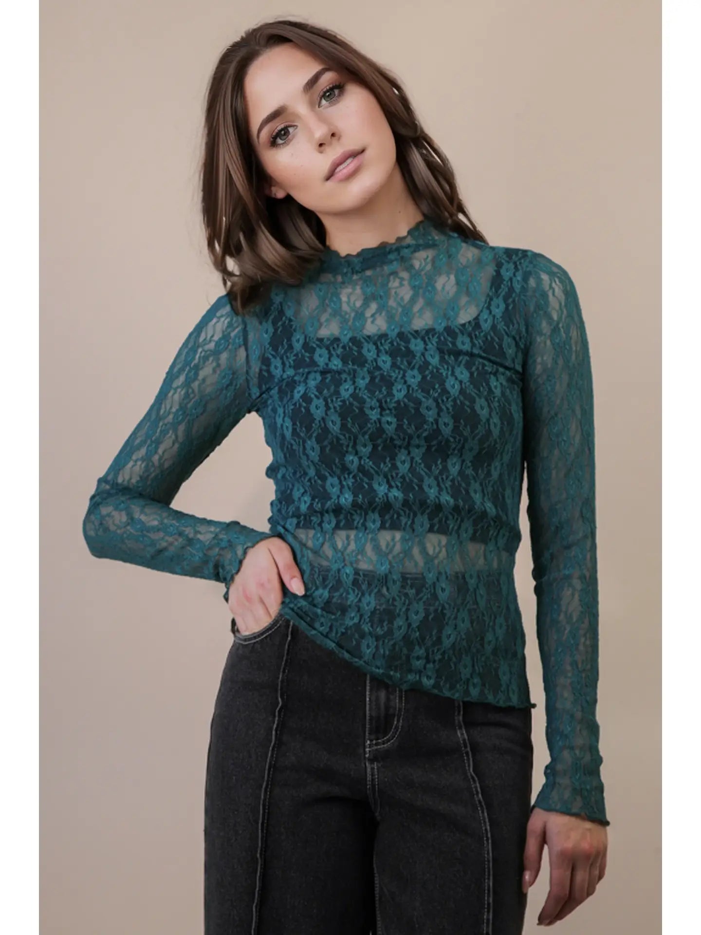 High Neck Sheer Mesh Lace Knit Top - Forest