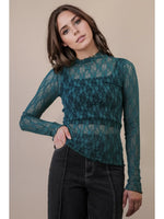 High Neck Sheer Mesh Lace Knit Top - Forest