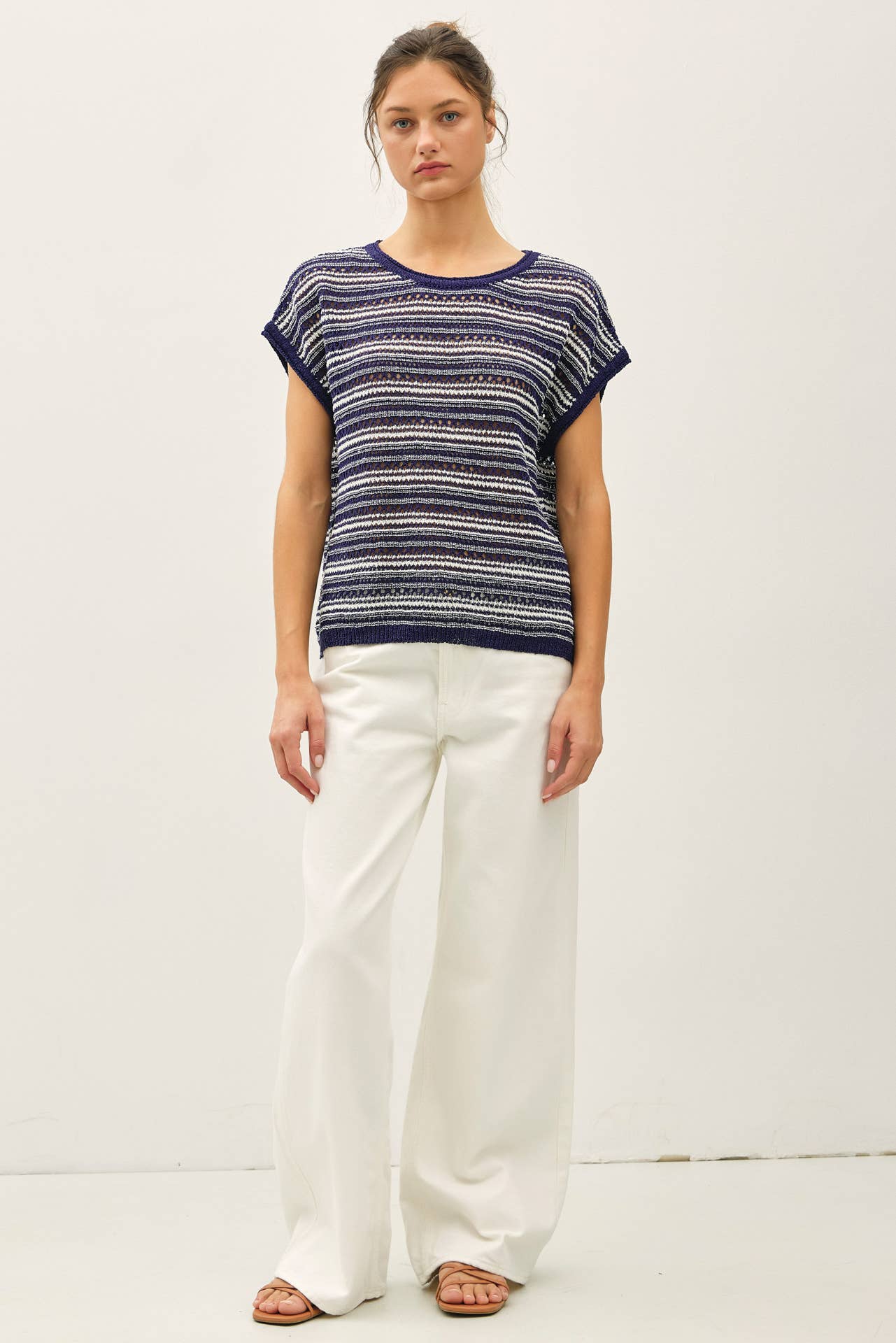Striped Crochet Sweater Top - Navy