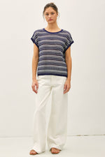 Striped Crochet Sweater Top - Navy